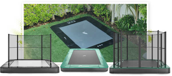 Best outdoor garden, inground trampoline, orbit flat, rectangular,  green , grey, akrobatuae,  , primus , dubai, uae, trampolines, safety net, 10x6ft, 11x8ft, 14x10ft 